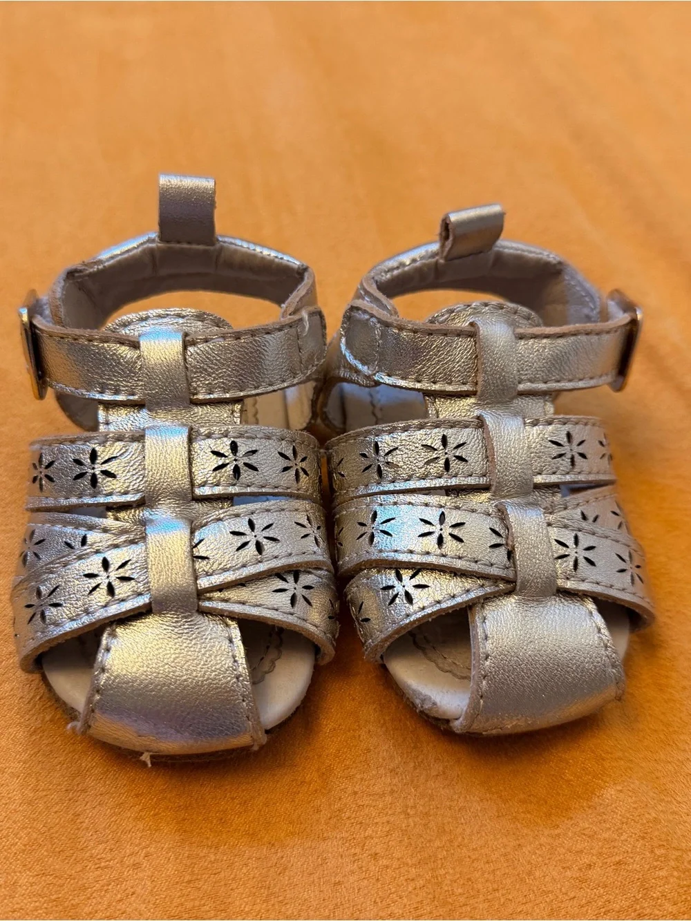 Robeez Metallic Goldish Silver Baby Sandals with Floral Cutouts